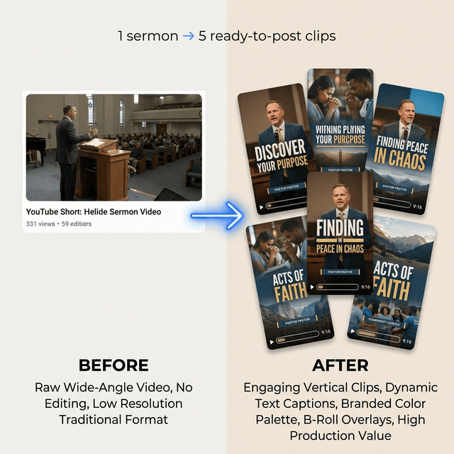 Before and after: a full-length sermon becomes multiple social-ready clips with captions