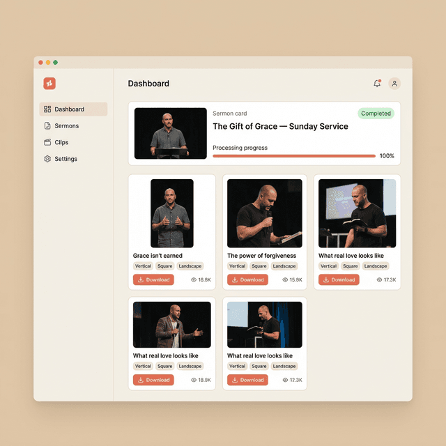 Sermon Clips dashboard showing completed sermon with 5 generated clips