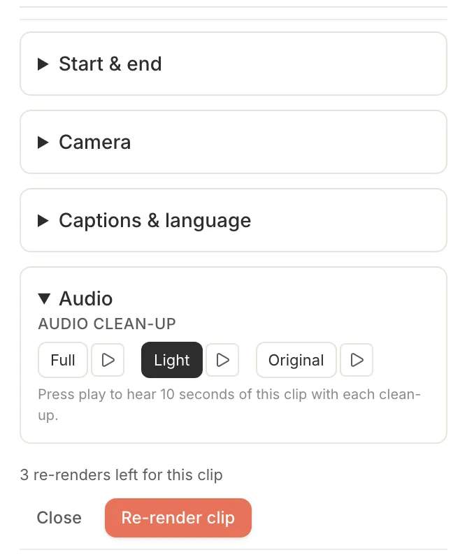 Audio clean-up options Full, Light and Original, and the pause options