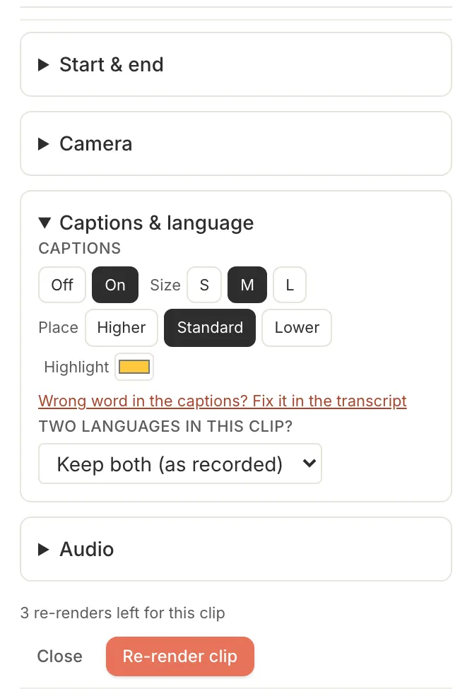 Caption controls: on or off, size, position and highlight colour