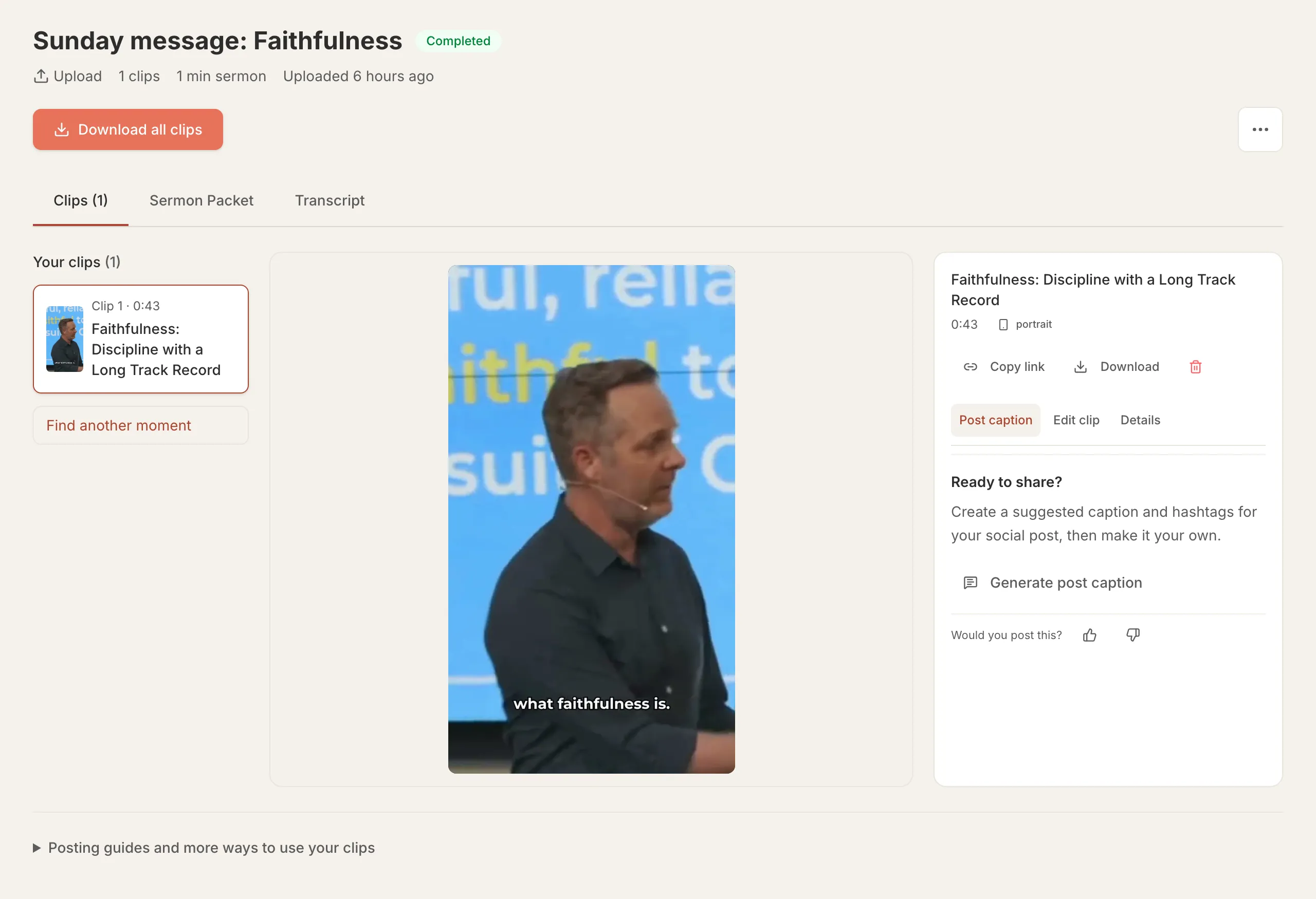 A sermon page with a finished clip, the Edit clip tab and the Download all clips button