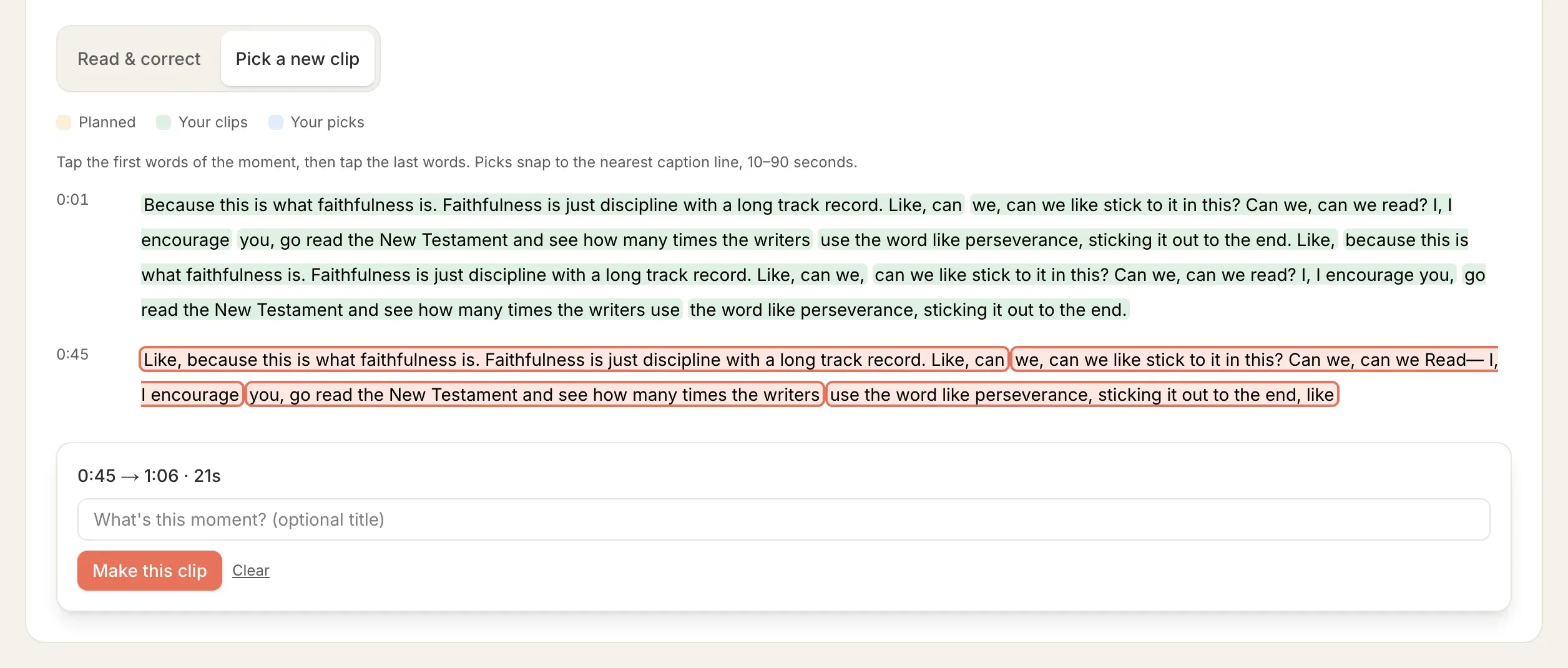 The transcript with a passage selected to make a new clip